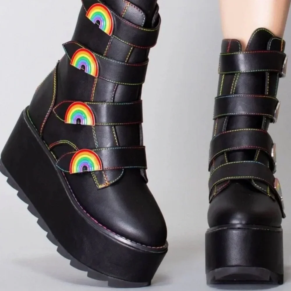 YRU Karma Rainbow Platform Black Vegan Boots Size 8